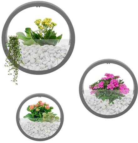 Väggvas-set, 3-delad väggväxtkruka hängande blomkrukor, dekorativ växtkärl, ytterkruka väggmontering för suckulenter, konstgjorda växter, luftväxter, kaktusar, rum, balkong, trädgård (grå)