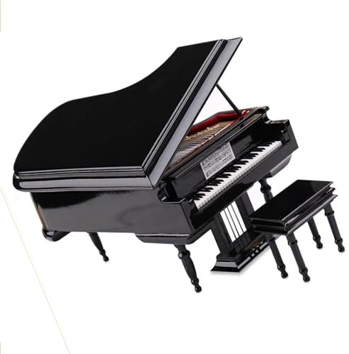Modèle de piano à queue miniature avec banc – Décoration noire pour bureau, bibliothèque, scène de bricolage, compatible avec maison de poupée et salle de musique (18 x 12 x 10 cm)
