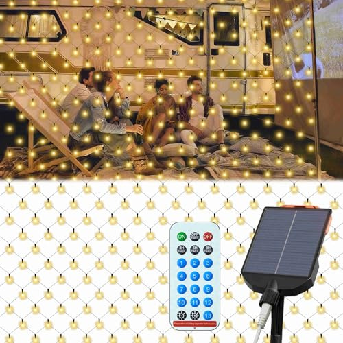 LILIIN 6 x 4 m de red de luces solares para exteriores, luz blanca cálida, con temporizador, 8 modos, mando a distancia, resistente al agua, para decoración de jardín, balcón, boda, Navidad, 480 LED