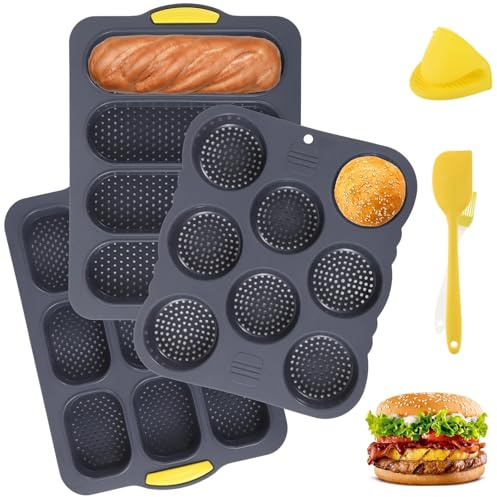 Silicone Burger Bun Pan Set, 6 Pieces with 4/8/9-Cup Molds, Nonstick Baking Trays, Includes Brush, Spatula, Grab Glove, Dishwasher and Microwave Safe