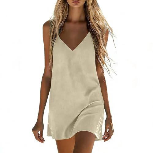 Women's V-Neck Sleeveless Mini Dress, Casual Spaghetti Strap Summer Slip Dress, Beige