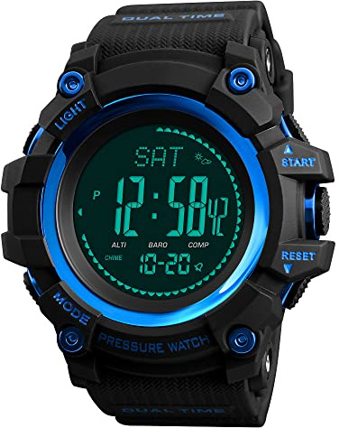 FeiWen Mens Multifunction Thermometer Altimeter Barometer Pedometer Calorie 12H/24H Stopwatch Countdown Calendar etc Outdoor Military LED Digital Sports Compass Watch Plastic Large Dial with Rubber St