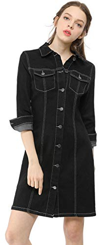 Allegra K - Vestido de Mezclilla con Manga 3/4 y Manga Superior de la Rodilla para Mujer, Negro, 40