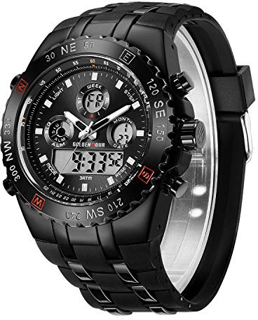 GOLDEN HOUR Huge Face Big Size Military Sports Mens Watches Waterproof, Stopwatch, Date and Date, Alarm, Luminous Digital Analog Stainless Steel Wrist Watch with Rubber Band in Black