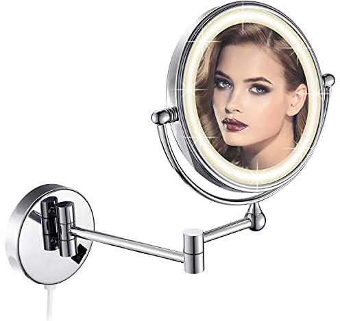 DOWRY Schminkspiegel mit Beleuchtung Wandmontage Kosmetikspiegel 10fach Vergrößerungsspiegel mit Licht 360° Drehbarer Doppelseitiger Spiegel für Zuhause,Hotel - Durchmesser 8 Zoll
