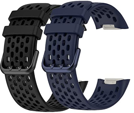 Huwokxix Armband Kompatibel mit Fitbit Charge 5/6,Atmungsaktives Silikon-Ersatz-Sportzubehör-Armband mit Luftlöchern für Fitbit Charge 5/6 (Schwarz + Marine)