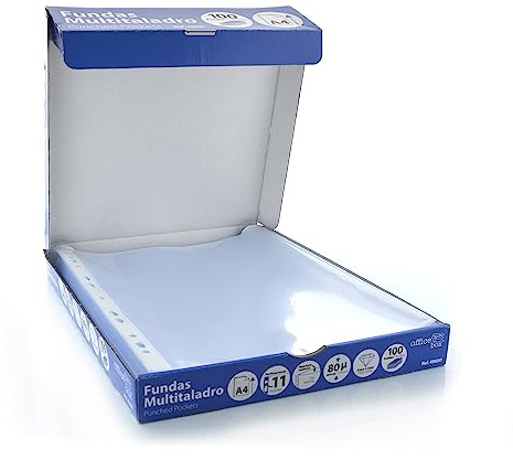 Fundas Multitaladro calidad extra - 80 Micras - Polipropileno 100% reciclable - Multiples Tamaños y Formatos Ideal para archivar - by Office Box (A4-100 Unidades)