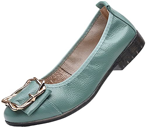 ANUFER Femmes Cuir Véritable Ballerines Mode Boucle en Métal Mou Plat Escarpins Chaussures