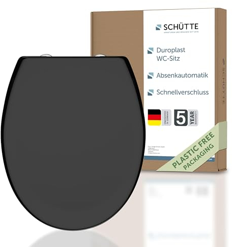 SCHÜTTE WC-Sitz mit Absenkautomatik | Abnehmbarer Klodeckel aus bruchsicherem Duroplast | Innovative DIY Montage durch Klebepads | Toilettendeckel und Brille bis 150 kg belastbar | Schwarz