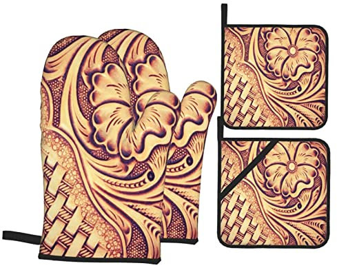 Guantes Horno Arte Rural Occidental De Cuero Rústico De Japón con Forro De Algodon Juego De Manoplas Profesional Juego De Manoplas Y Agarraderas para Cocinar Horno Parrilla