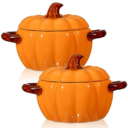 Uiifan 2 Stück Kürbisschalen Keramik Kürbisschale 482 ml Kasserolle Kochgeschirr Kürbistopf zum Kochen Niedlicher Kürbis sicherer Ofentopf mit Deckel Doppelohren für Thanksgiving Herbst Herbst Backen