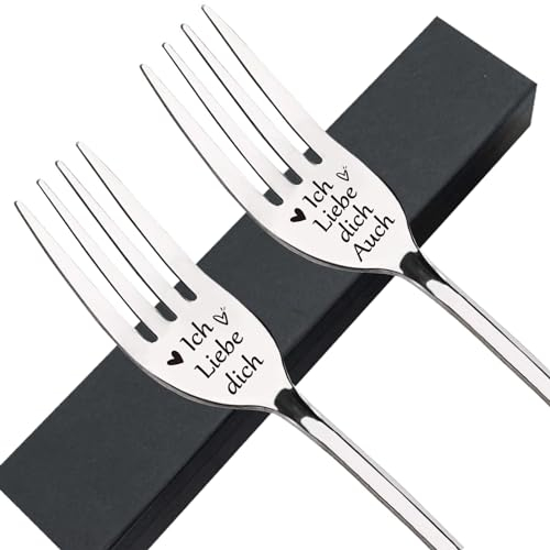 Ich Liebe Dich Geschenke für Frauen Männer, 2 Edelstahl Gabel mit Gravur Hochzeitstag Valentinstag Jahrestag Geschenk für sie und ihn, Gabeln Hochzeitsgeschenke Liebesgeschenke für Brautpaar Paare
