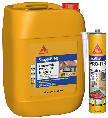 SIKA - Protection hydrofuge tout en 1 - Pour façade, toiture, terrasse et sol - Prêt à l'emploi - 20L + Mastic-Colle PU - Tout en 1 - Multi-matériaux - Int/Ext - Blanc- 300ml