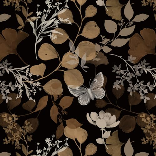 Fiula Selbstklebende Tapete Vintage Klebefolie Möbel Blumen Schmetterling Klebetapete 41CMx3M Dunkelbraun Blätter Muster Wasserdicht Weiß Wandpapier Vinyl Wohnzimmer Schlafzimmer Möbelfolie Dekorfolie