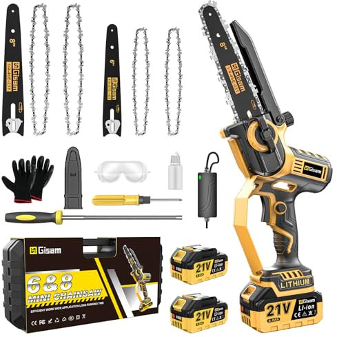 Mini Motosierra Bateria 6 +8 Pulgadas,900W Motor sin escobillas con Engrasador automático Para El Aceite y 2 4000 mAh baterías,con dos raíles,4 cadenas,para Podar Árboles de Jardinería