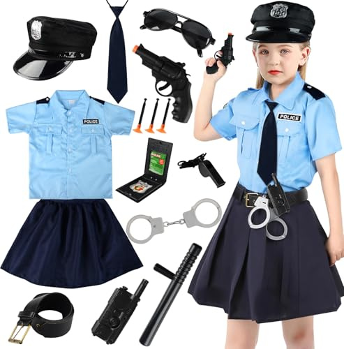 Costume Poliziotto Bambino, Polizia Costume Bambina Vestito Poliziotto Bambino,Polizia Camicia,Gonna,Walkie Talkie,Manette,Cappello,Cinturone,Batone Giocattolo,per Carnevale Halloween Cosplay Bambina
