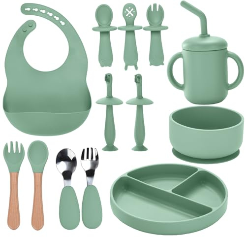 Babytallrik, set med 13 delar för bebismåltider, babysked, skål, silikonhaklapp, sugkopp för spädbarn, babytandborste, barnbestick, set för avvänjning