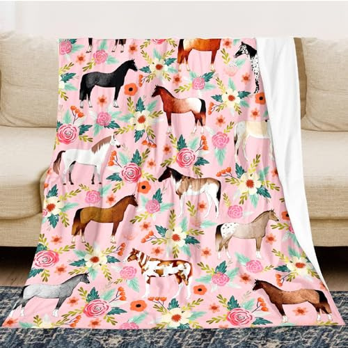 Horse Blanket Gifts for Girls, Unique Fun Cool Throw Blanket Gifts for Horse Lovers, Super Soft Warm Pink Cozy Plush Flannel Fleece Blankets for Sofa Couch Bedroom Livingroom 60X50