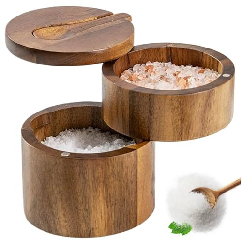 Salero con tapa giratoria y cuchara Caja de sal de madera de doble capa con tapa Salero compacto y elegante con tapa giratoria magnética para especias y condimentos Salero con tapa Salero Contenedor d