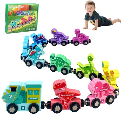 Montessori Magnetic Wooden Train Set for Toddler Toys 1-4 Years Educational Montessori Toys for Boys Girls Wooden Dinosaur Train Set Birthday Gifts for Kids Learning & Development