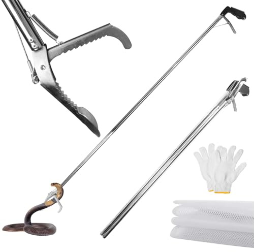 GHYKL Snake Grabber Tool, 78 Inch Heavy Duty Snake Tongs, Stainless Steel Reptile Catcher Grabber with Anti-Slip Grip, Wide Jaw Multi-Function Handling Tool with Lock, Gloves