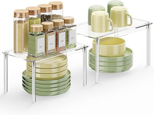 Delamu Cabinet Shelves, Clear Stackable Acrylic Storage Risers with Heavy Duty Support, Cabinet Organizer Shelf for Spices, Seasonings, Jars, Pantry, Kitchen Counter, Easy Assembly