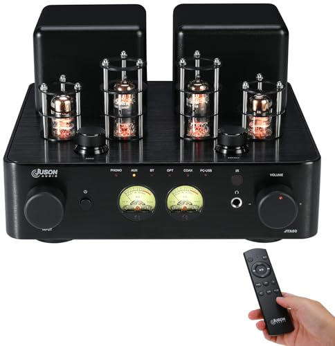 Juson Audio JTA50 2025 Amplificatore a Tubi 130 W Hi-Fi di Fascia Bassa con BT 5.0, Telecomando, AUX, Coassiale, Phono e Ingresso USB, Uscita Subwoofer, Canale 2.1 per Giradischi