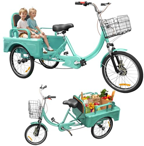 Adult Tricycle, 3-Wheel 20 Inch Bikes Carrying Passengers and Cargo, Trike for Adults with Front Baskets for Women, Seniors, Men, Low Step-Through Cruiser Bike for Cycling, Picnic, Outing, Cyan