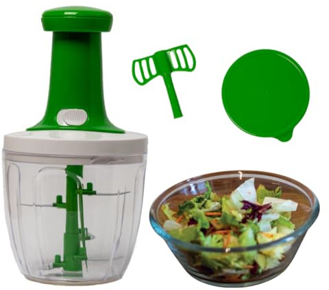 BIOVIRA Tritatutto Manuale con 5 Lame in Acciaio Inox, Chopper da Cucina, Frullatore Manuale per Cipolla, Aglio, Verdure, Doppio Contenitore, Ricettario Digitale