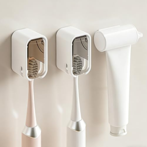 2piezas Porta Cepillo de Dientes Pared,Portacepillos de Dientes Pared,Soportes autoadhesivos Fuertes para cepillos de Diente con Tapa,Incluye Exprimidor de Pasta de Diente