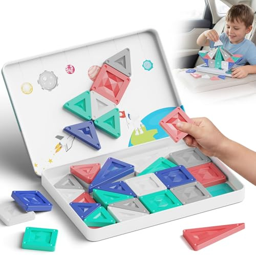 YOGOHEE Mattoncini magnetici da viaggio a partire dai 3 anni, 40 pezzi di mattoncini magnetici Montessori, giocattolo educativo con scatola di stagno portatile e piastra di gioco integrata, mattoncini