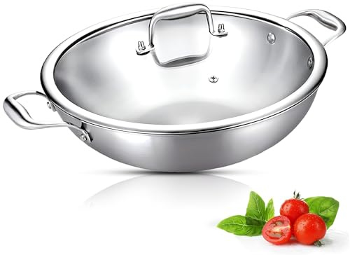 Sterling Saver Tri Ply Stainless Steel Kadai with Lid for Home & Kitchen | SAS Metal Karahi Cooking Pan Compatible for Gas and Induction Hobs | Durable 2.5mm Ideal Kadai for Everyday Cooking - 28Cm
