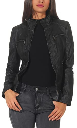 Malito Damen Jacke - figurbetonte Kunstleder Jacke mit Zipper - lässige Bikerjacke - Kurze Freizeitjacke mit Reißverschluß 5179 (schwarz, L)