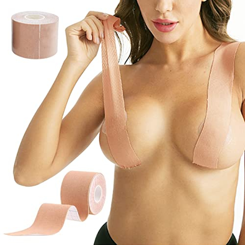 VisSec Klebe-BH, Brustband, Boob Tape, Breast Lift Tape, und 10 Stück Brustwarzenabdeckungen mit Blütenblättern, Push-Up-Band, für Kleid, Brautkleid (A-E Cup), couleur, F