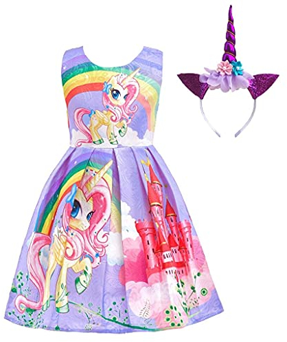 Lito Angels Einhorn Kleid Kostüm mit Haarreifen für Kinder Mädchen, Little Pony Prinzessin Sommerkleid Geburtstag Kinderkleidung, Größe 5-6 Jahre 116, Stil C - Lila