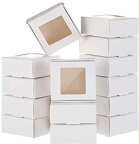 Cliettilw 50 StüCk Mini Kraftpapier Box Verpackung mit Fenster, Geschenk Verpackung, Leckerli Box für Hausgemachte Seife, Leckereien, Backwaren, SüßIgkeiten (Weiß)