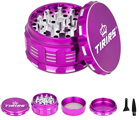 TIRIRS 3 Inches 4 Pieces Premium Herb Grinder - Aluminium Large Spice Grinder with Pollen Catcher, Comes with Pollen Scraper and Cleaning Brush, Purple