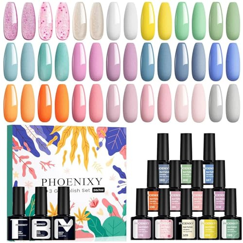 Gel Nail Polish Set - Phoenixy 24pcs UV Gel Nail Polish Starter Kit Soak-off Gel Polish Nail Varnish Sets Nails Polishes with Base and Top Coat Gifts for Women
