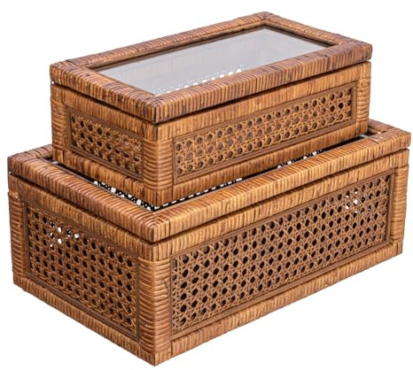Creative Co-Op Modern Decorative Rectangle Woven Rattan and Wood Display Boxes with Glass Top, Set of 2 Sizes, Dark Brown Finish, Rectangular