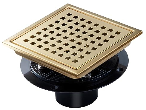 SaniteModar Shower Drain, 6 inch Shower Floor Square Drain with Flange, Removeable Grid Panel SUS 304 Stainless Steel Square Shower Drain, Brushed Gold