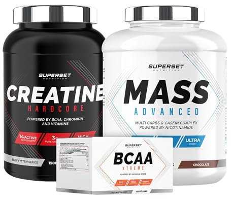 Superset Nutrition | Programme Prise De Masse Confirmé - Mass Advanced 2,5kg Chocolat - Créatine Hardcore 1,5kg Tropical - Bcaa Xtreme