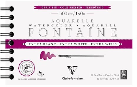Clairefontaine 976049C Album Spiralé Fontaine Extra Blanc - 12 Feuilles Papier Aquarelle Extra Blanc 100% Coton Grain Fin - Qualité Professionnelle 12x18cm 300g