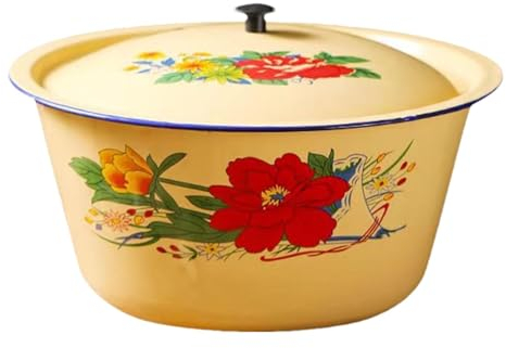 Cuenco esmaltado con tapas, cuenco de sopa esmaltado, cuenco multifuncional de esmalte vegetal, platos de esmalte vintage con tapa, recipiente multifuncional para verduras, recipiente de sopa
