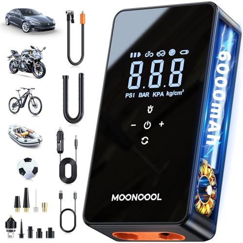 Gonfleur Pneus Voiture sans Fil - Compresseur à Air Portatif MOONCOOL Gonfleur Pompe Electrique 6000mAh,150 PSI 12V Pompe a Velo Electrique, LCD Affichage, LED, Powerbank pour Velo Moto Voiture Balle