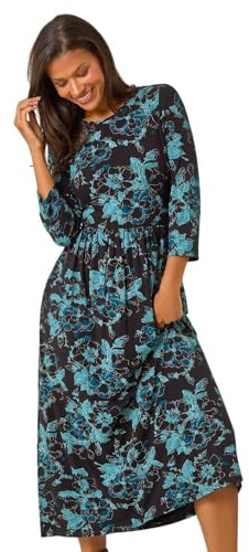 Roman Originals Midi Dress with Pockets for Women UK Ladies Stretchy Jersey Maxi Long 3/4 Length Sleeve Gathered High Waist Boho Flattering Skater Swing Fit Flare - Black Teal - Size 18