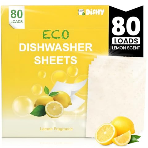 Dishy Dishwasher Sheets - 80 Loads | Plant-Based, Biodegradable & Plastic-Free | Chemical-Free & Septic Safe | Alternative to Dishwasher Tablets | Fresh Lemon Scent