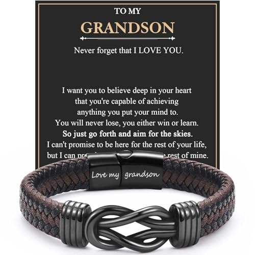 EYQV Grandson Gifts, Engraved Leather Bracelet Gifts for Grandson from Grandparents, Birthday Christmas Graduation Gift for Him