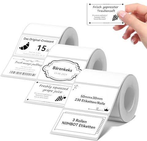 NIIMBOT Etiketten Kompatible für B1 / B21 / B3S Etikettendrucker, 3 Rollen 50 x 30mm Thermo Etikettenband für Supermärkte Einzelhandel Büro, 230 Etiketten/Rolle, Weiß