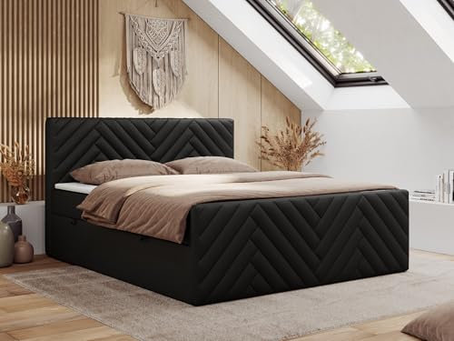 MKS MEBLE Boxspringbett 180x200 mit Bettkasten Matratze H3 - Paris Duo - Schwarz Kunstleder
