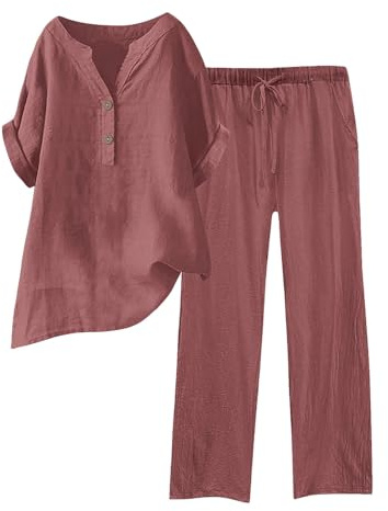 Conjunto de 2 Piezas de Lino para Mujer, Camisa y Pantalones con Botones, Casual, Holgado, para Playa, Vacaciones, Verano